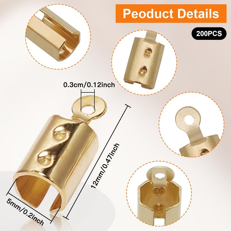 Oubaka 200pcs Fold Over Cord Ends Crimp End Tips Stainless Steel Cord Crimp End Tips Leather Ribbon Ending Clasp Tips Jewelry Connector for Bracelets Leather Jewelry Making(K Gold) - Image 2